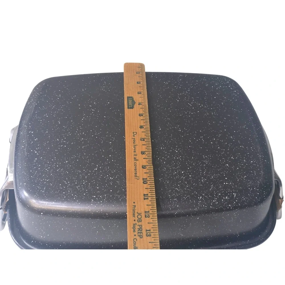 Black Speckled Enamel Roasting Pan with Removable Wire Rack & Silver Handles 16